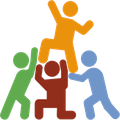 Colorful people using teamwork to hold a person up