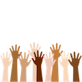 Raised hands of different skin colors